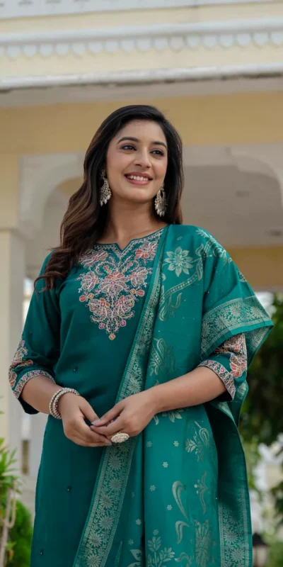 Nice Teal Roman Silk Sequins Work Salwar Suit