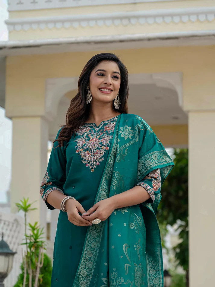 Nice Teal Roman Silk Sequins Work Salwar Suit