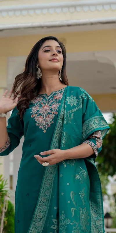 Nice Teal Roman Silk Sequins Work Salwar Suit