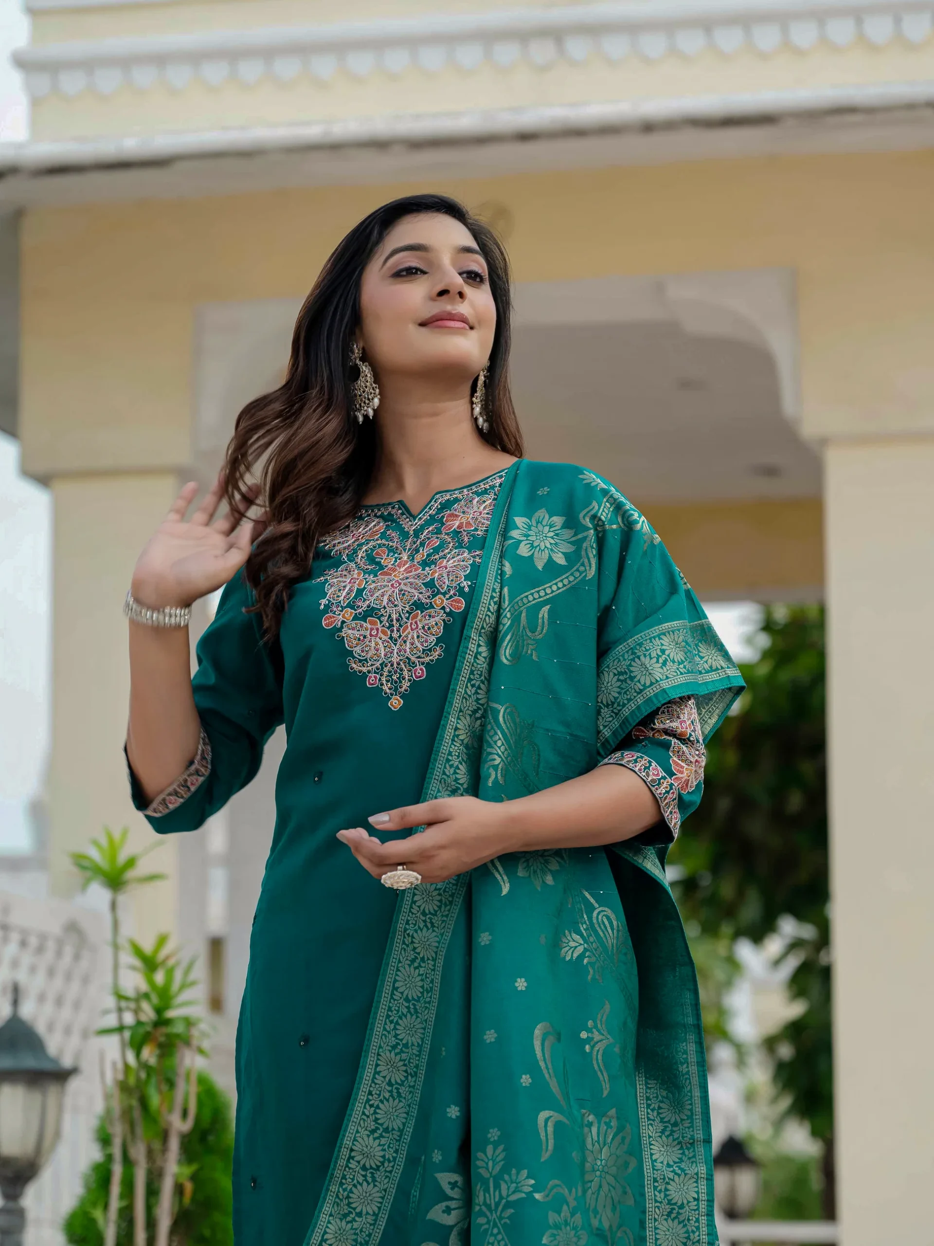 Nice Teal Roman Silk Sequins Work Salwar Suit