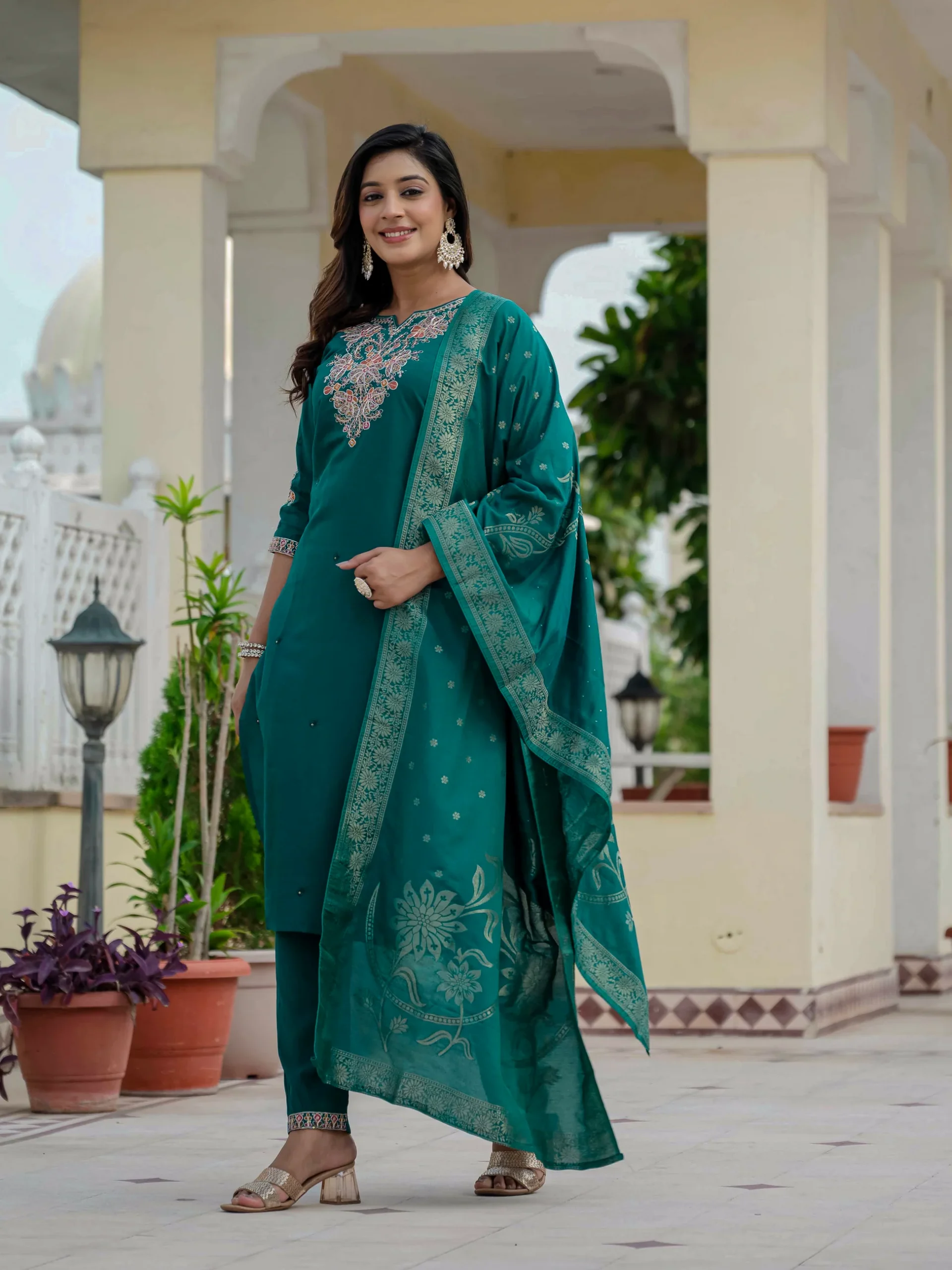 Nice Teal Roman Silk Sequins Work Salwar Suit