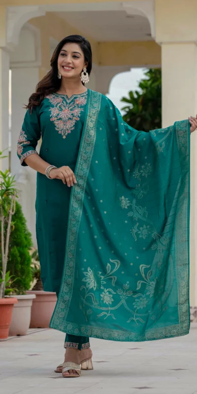 Nice Teal Roman Silk Sequins Work Salwar Suit