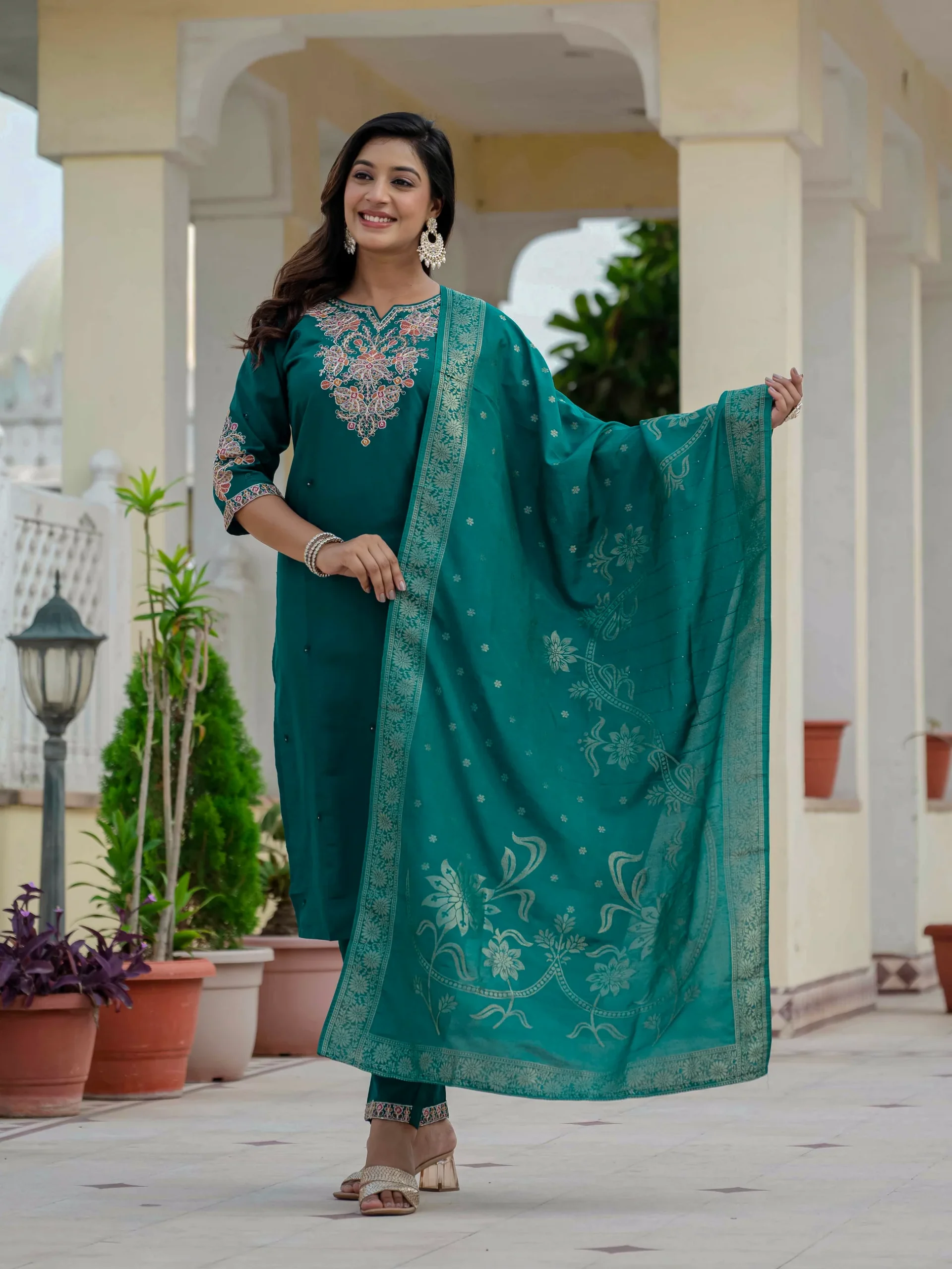 Nice Teal Roman Silk Sequins Work Salwar Suit