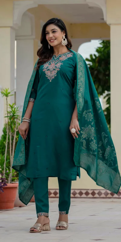 Nice Teal Roman Silk Sequins Work Salwar Suit