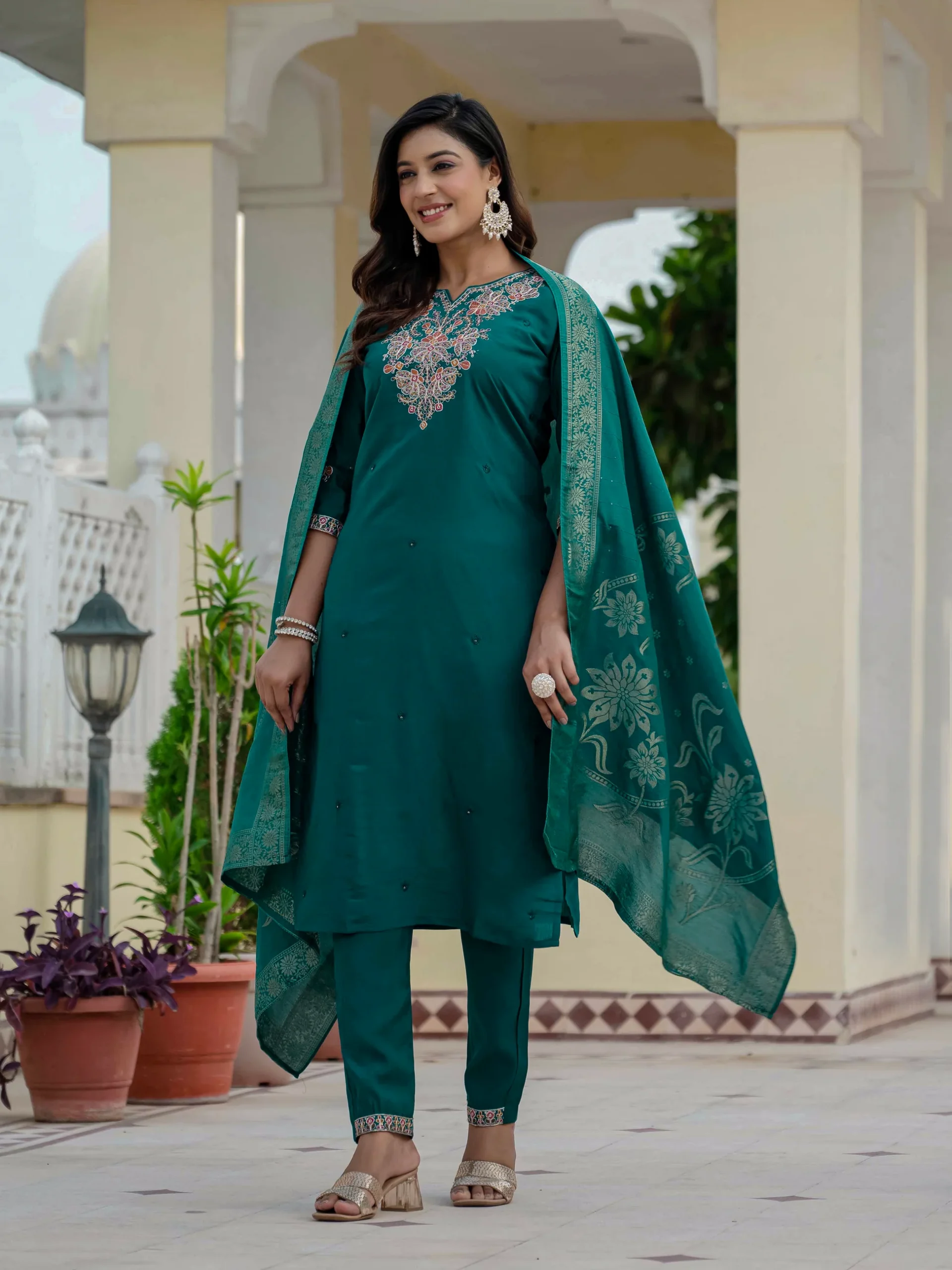 Nice Teal Roman Silk Sequins Work Salwar Suit