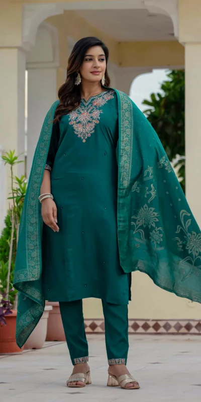 Nice Teal Roman Silk Sequins Work Salwar Suit