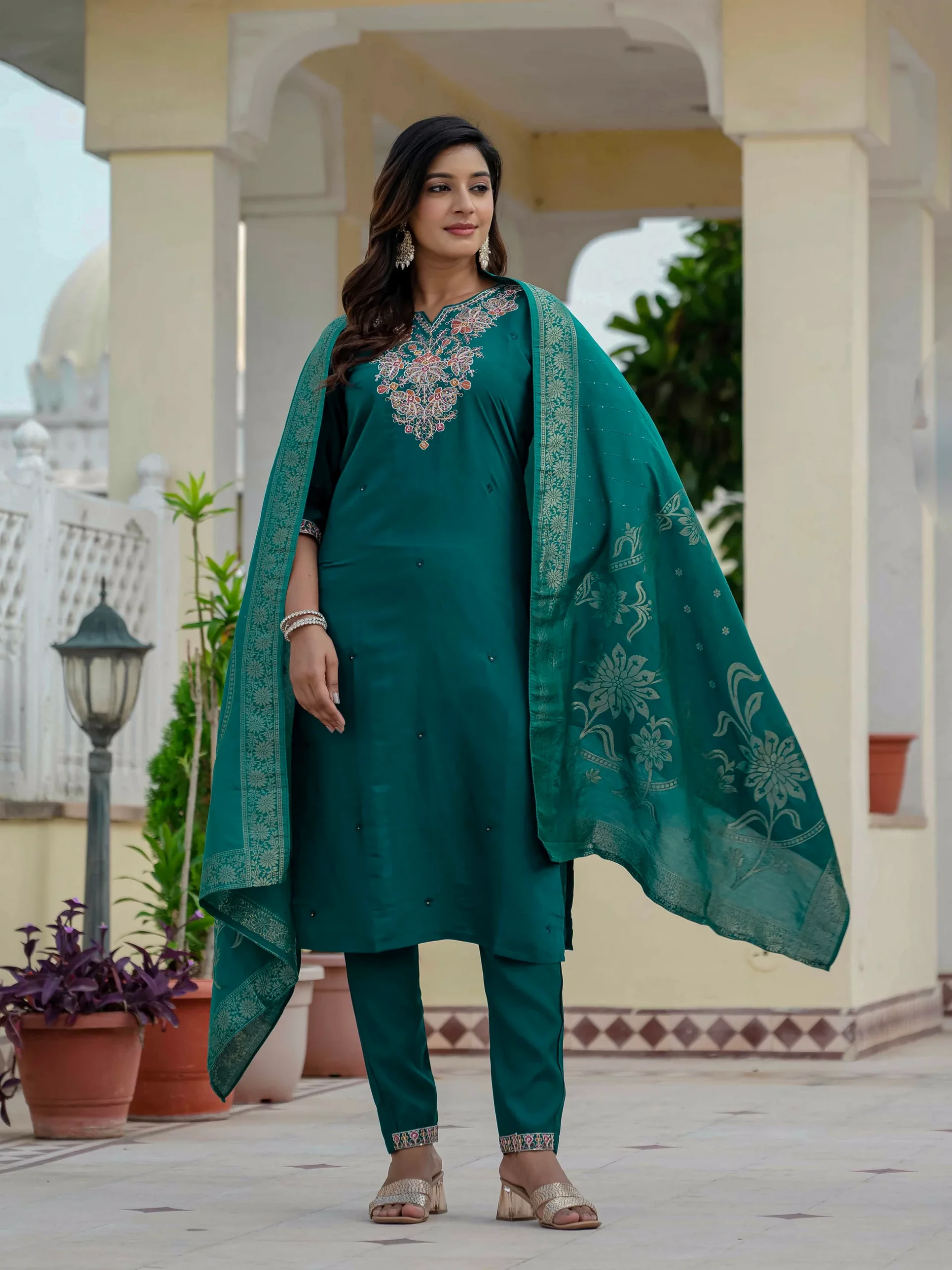 Nice Teal Roman Silk Sequins Work Salwar Suit