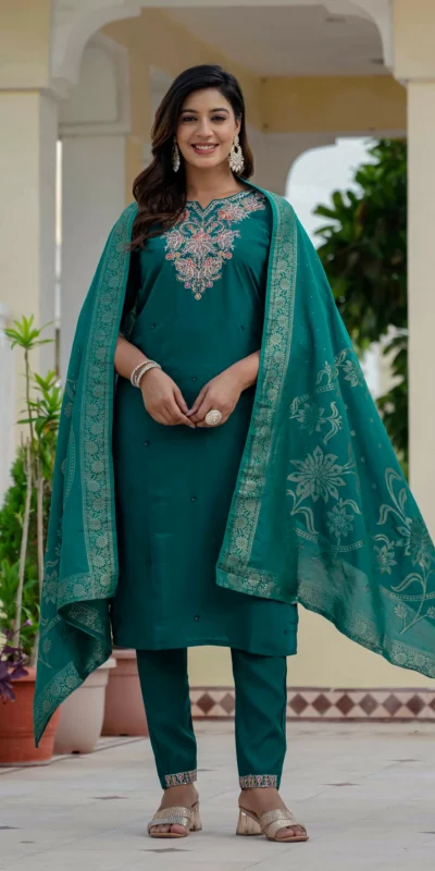 Nice Teal Roman Silk Sequins Work Salwar Suit