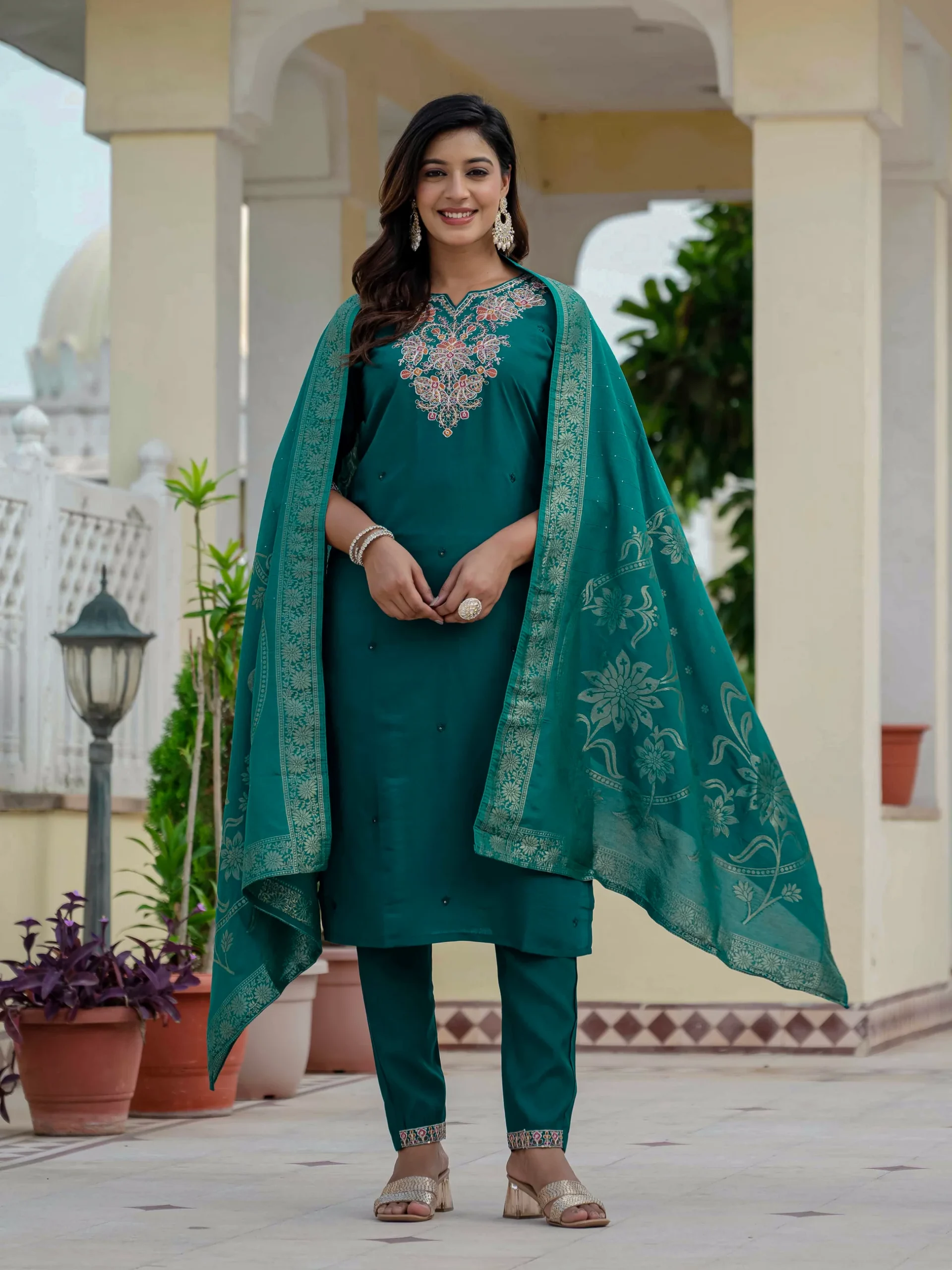 Nice Teal Roman Silk Sequins Work Salwar Suit