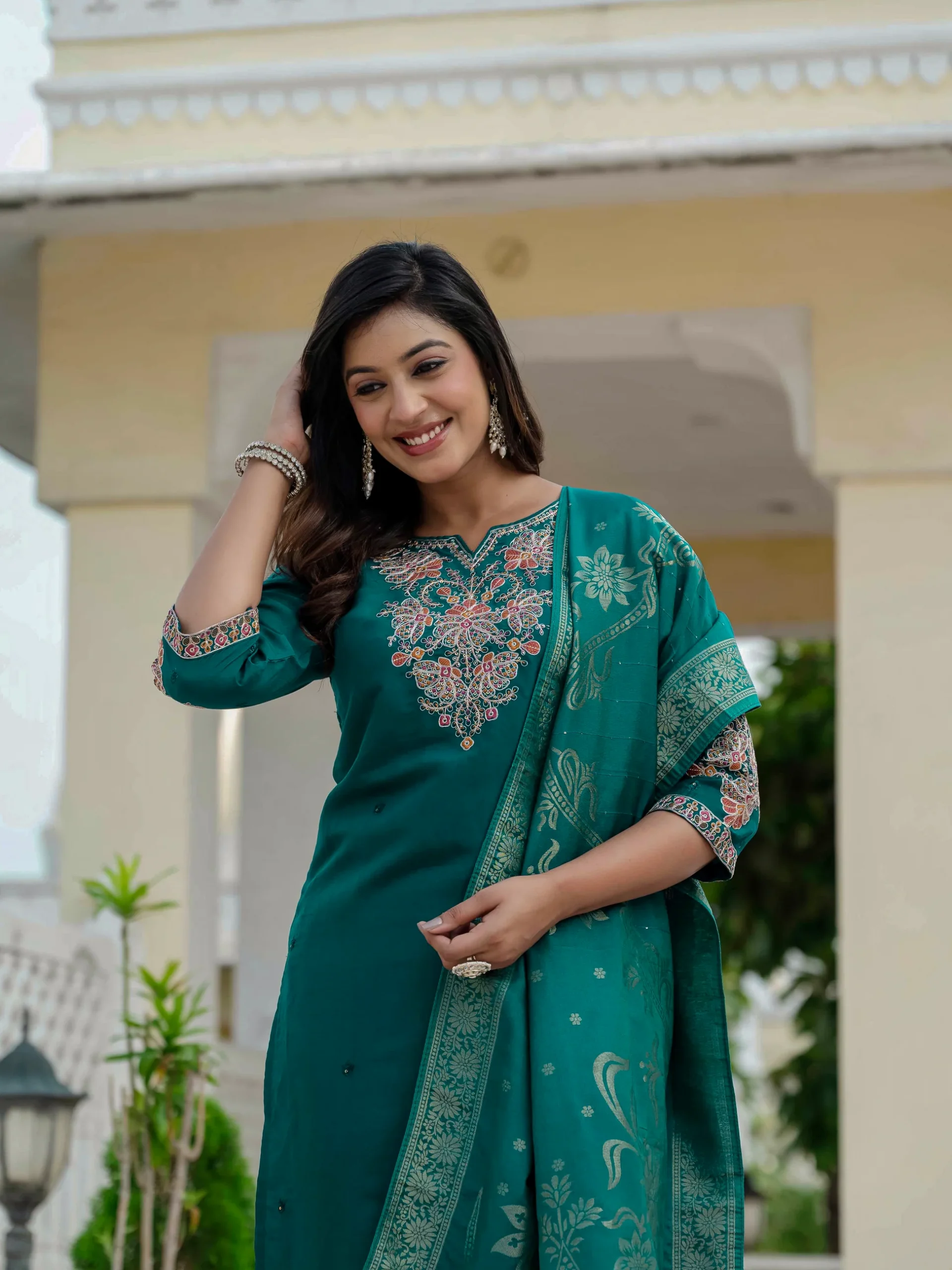 Nice Teal Roman Silk Sequins Work Salwar Suit