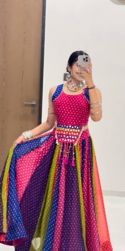 Perfect Multi Georgette Mirror Hand Work Lehenga Choli