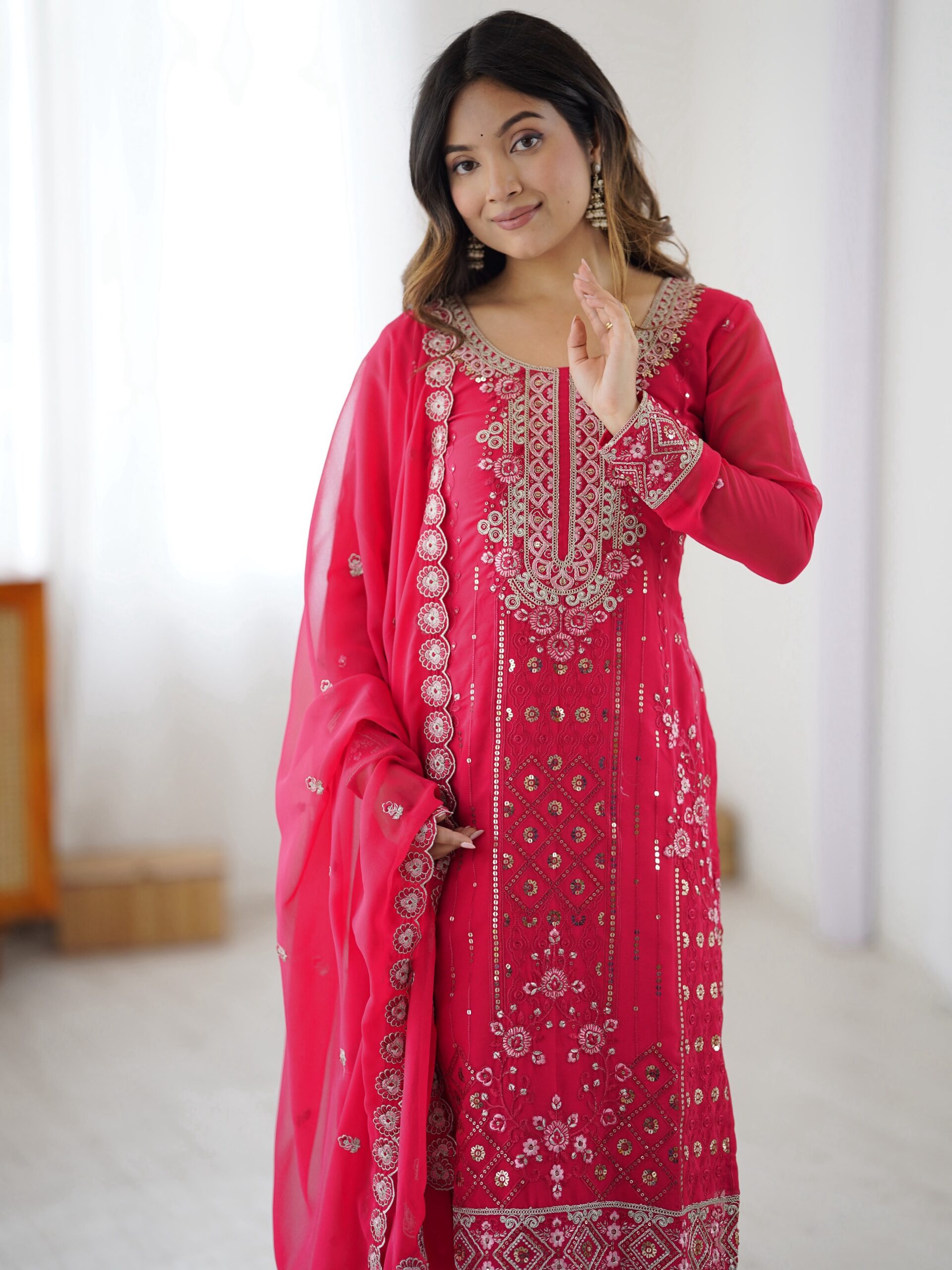 Perfect Pink Faux Georgette Thread Work Salwar Suit