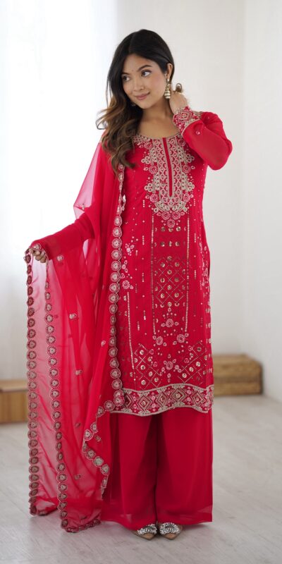 Perfect Pink Faux Georgette Thread Work Salwar Suit
