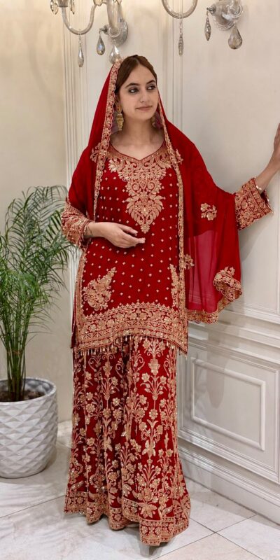 Perfect Rust Faux Georgette Sequences Work Salwar Suit