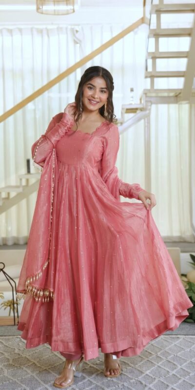 Pretty Peach Salsa Silk Embroidery Work Gown