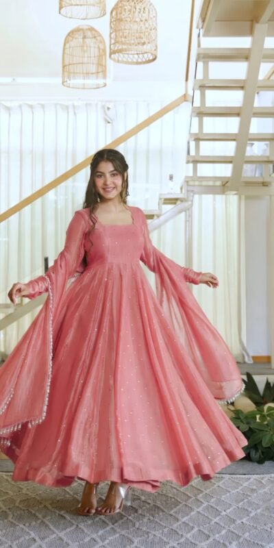 Pretty Peach Salsa Silk Embroidery Work Gown
