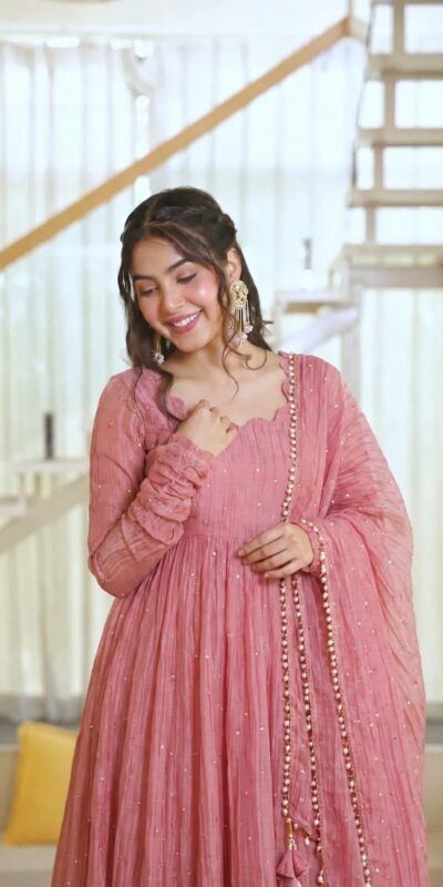 Pretty Peach Salsa Silk Embroidery Work Gown
