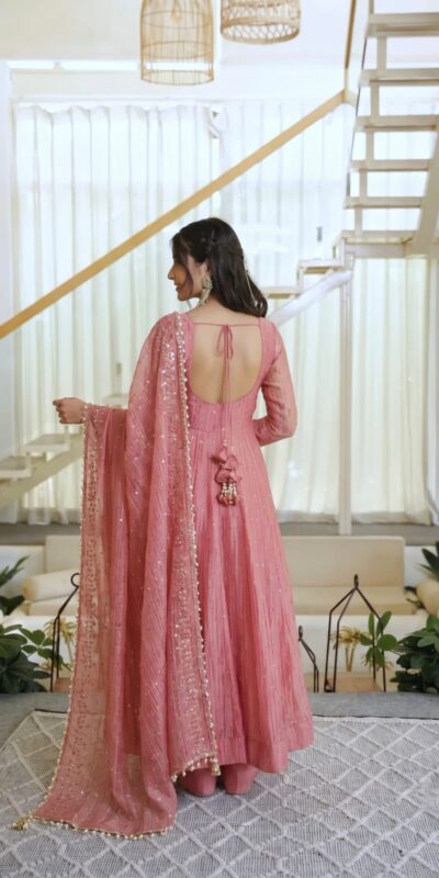Pretty Peach Salsa Silk Embroidery Work Gown