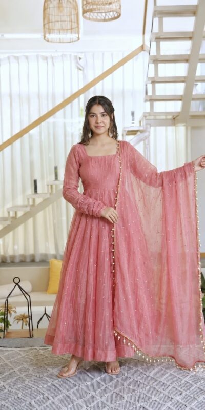 Pretty Peach Salsa Silk Embroidery Work Gown
