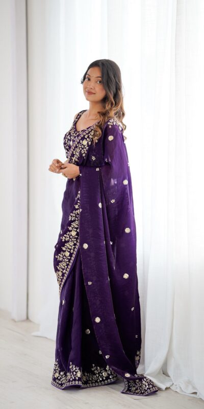 Pretty Purple Fendy Silk Embroidery Work Saree