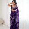 Pretty Purple Fendy Silk Embroidery Work Saree