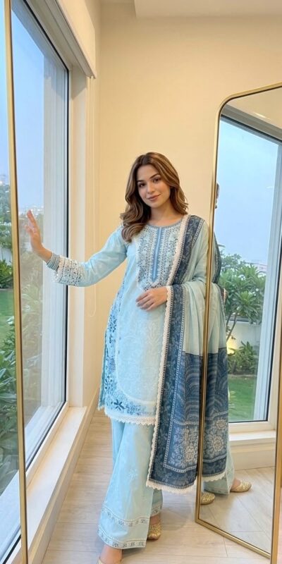 Pretty Sea Blue Satin Rayon Embroidery Digital Print Salwar Suit