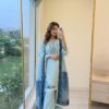 Pretty Sea Blue Satin Rayon Embroidery Digital Print Salwar Suit