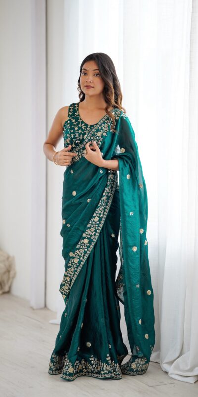 Pretty Teal Fendy Silk Embroidery Work Saree