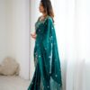 Pretty Teal Fendy Silk Embroidery Work Saree