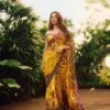 Pretty Yellow Fox Georgette Print With Fancy Lace Work Saree