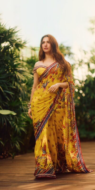 Pretty Yellow Fox Georgette Print With Fancy Lace Work Saree