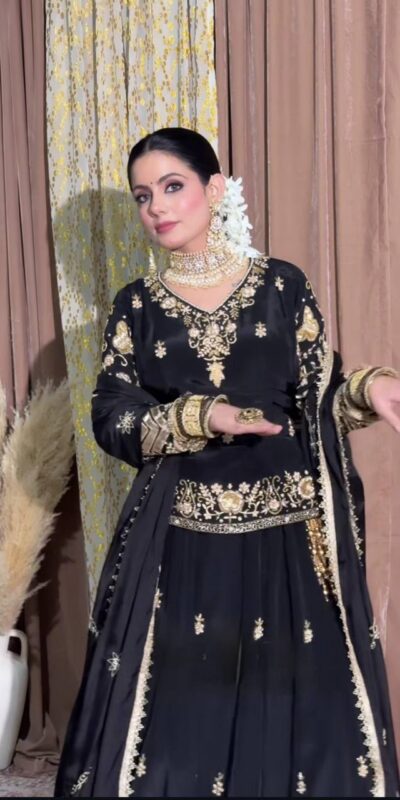 Shiny Black Natural Crepe Silk Embroider Work Salwar Suit