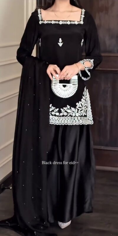 Shiny Black Natural Crepe Thread Work Salwar Suit