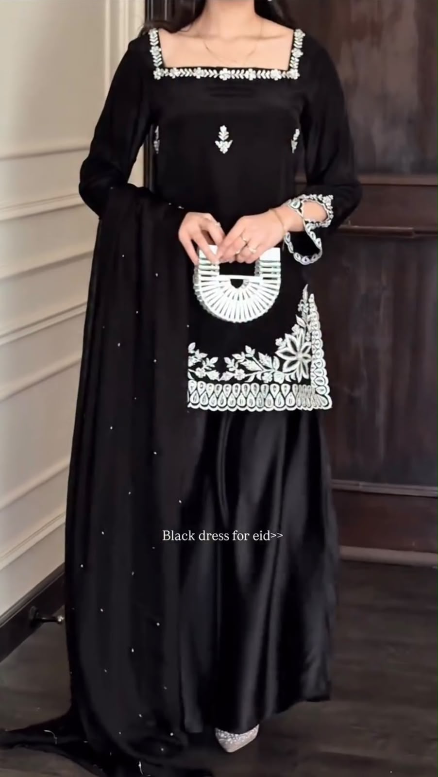 Shiny Black Natural Crepe Thread Work Salwar Suit