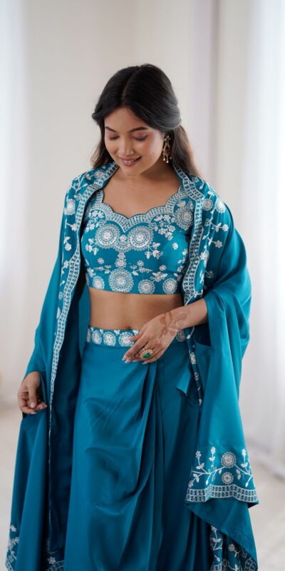 Shiny Blue Crepe Silk Sequins Work Dhoti Suit .