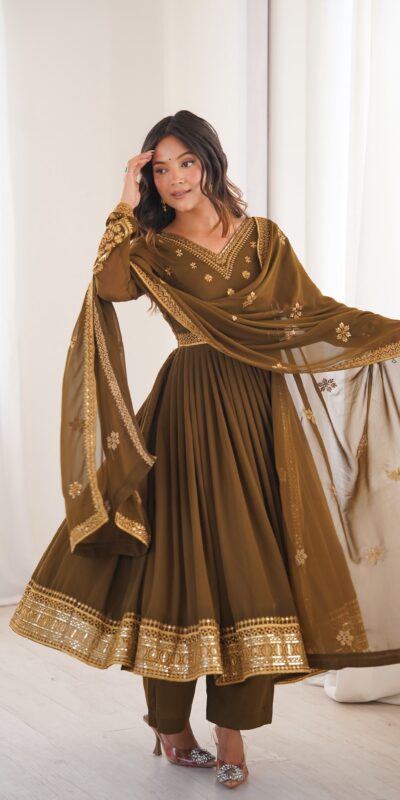 Shiny Brown Faux Georgette Sequence Work Anarkali Suit