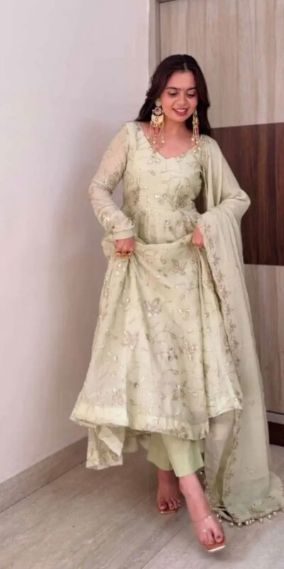 Shiny Off White Fendy Silk Sequence Work Gown