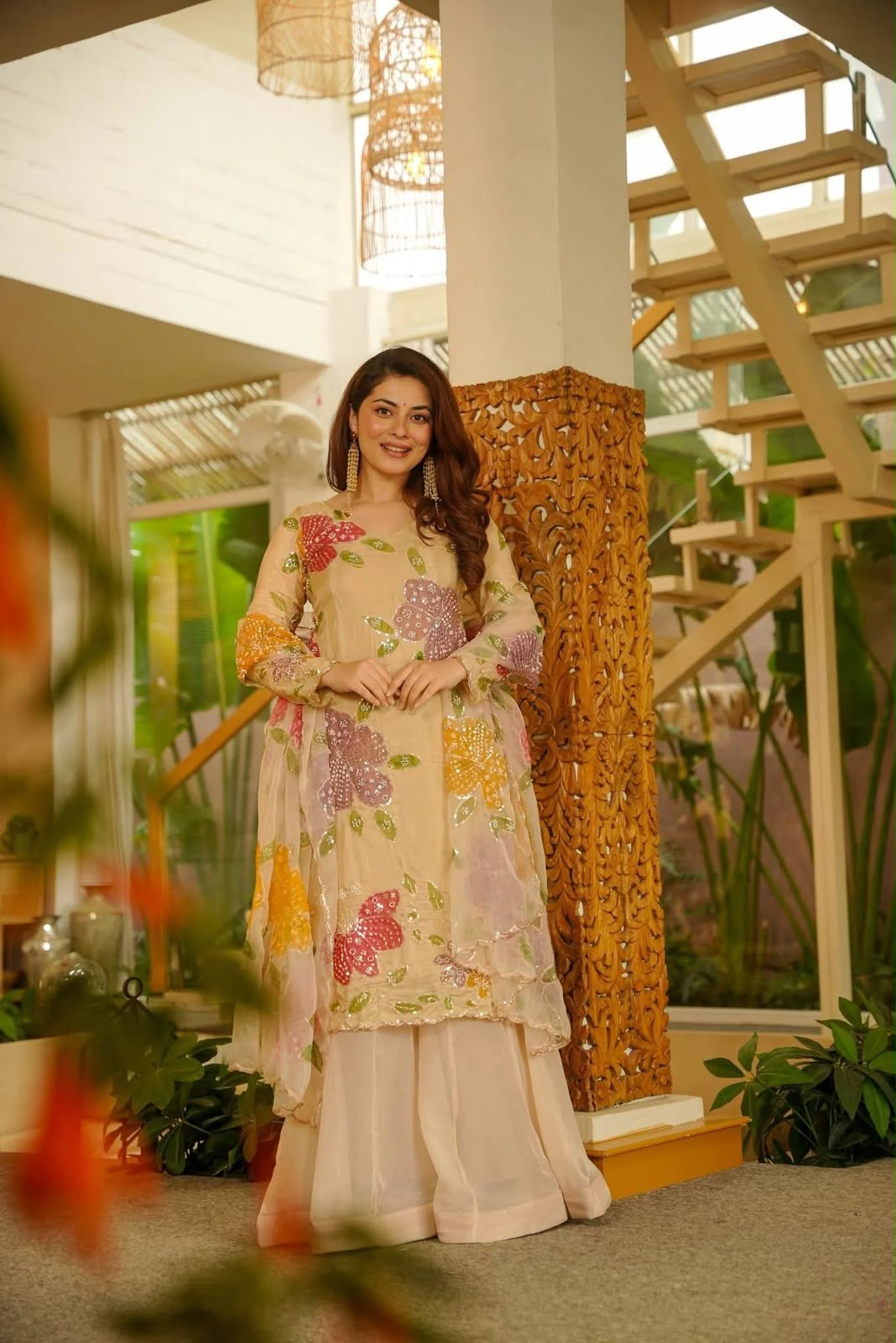 Shiny Off White Tabby Organza Embroider Work Salwar Suit