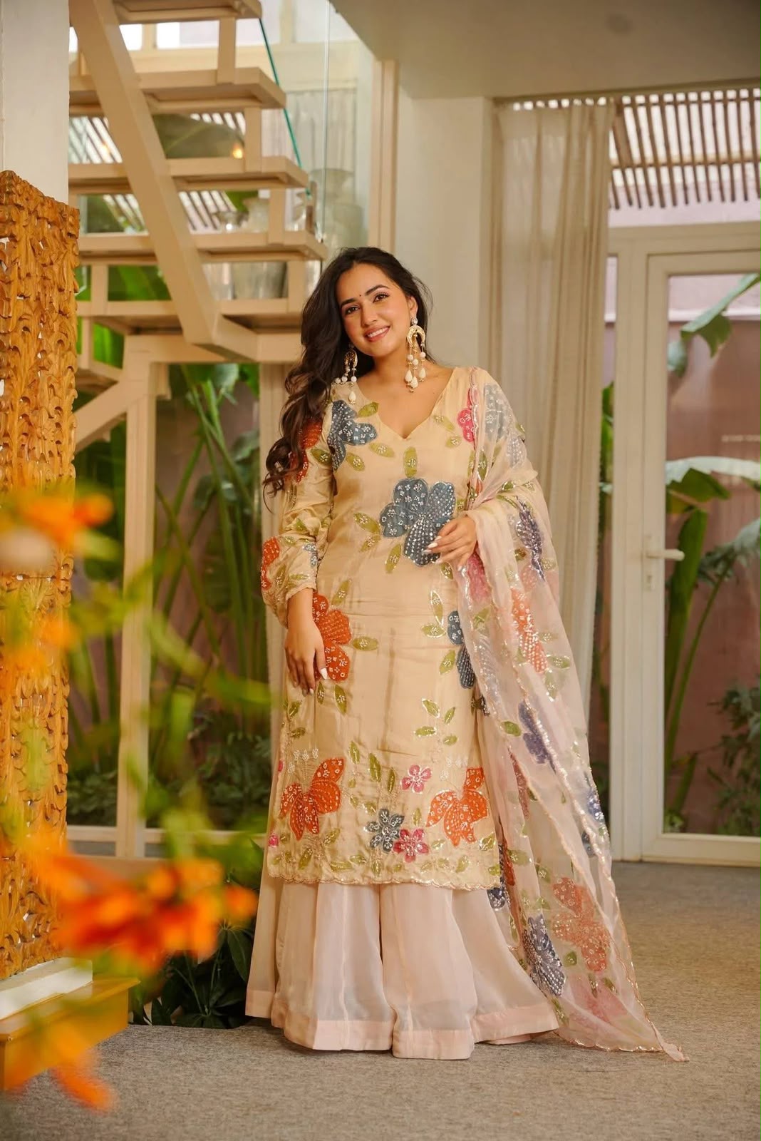 Shiny Off White Tabby Organza Embroider Work Salwar Suit