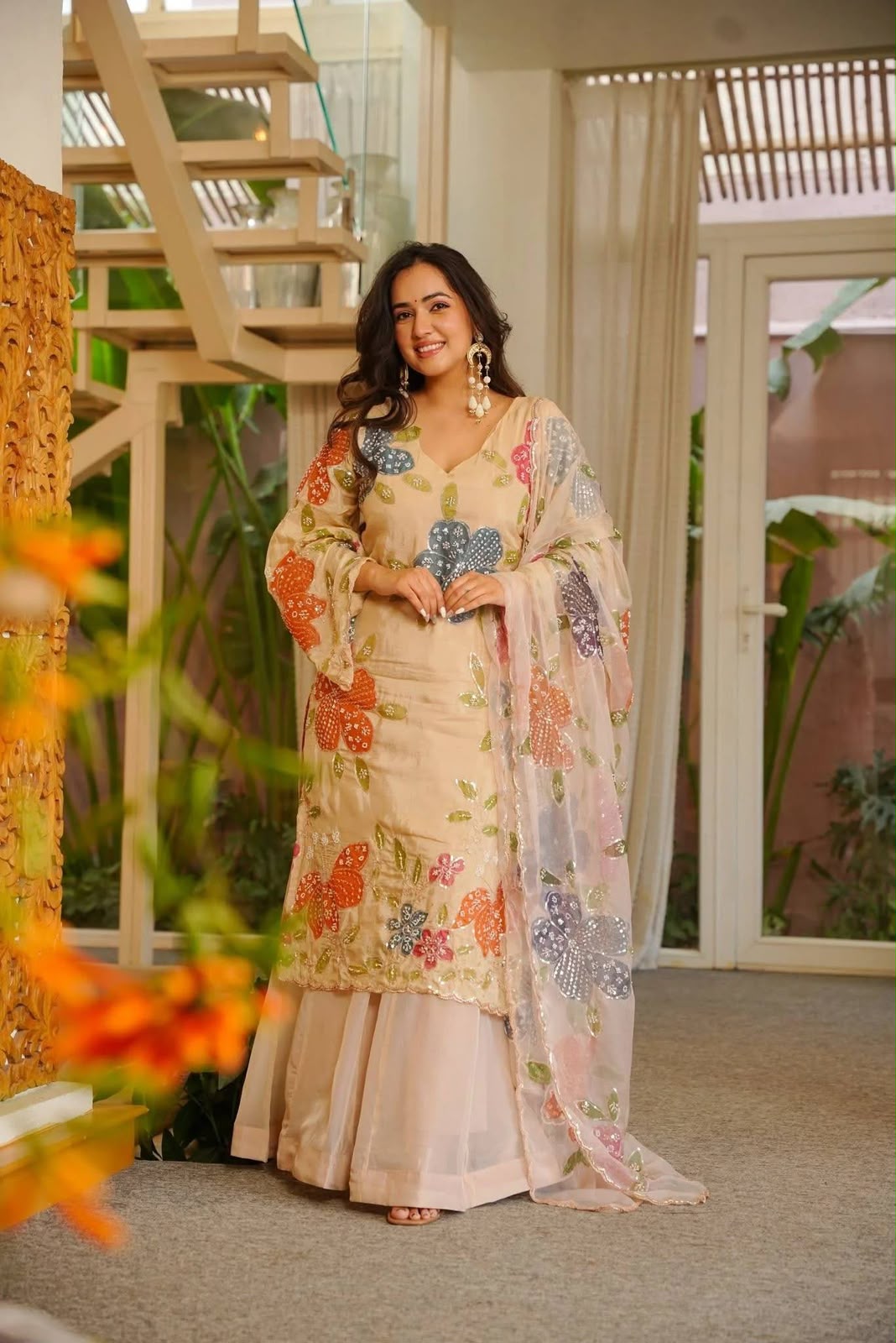 Shiny Off White Tabby Organza Embroider Work Salwar Suit