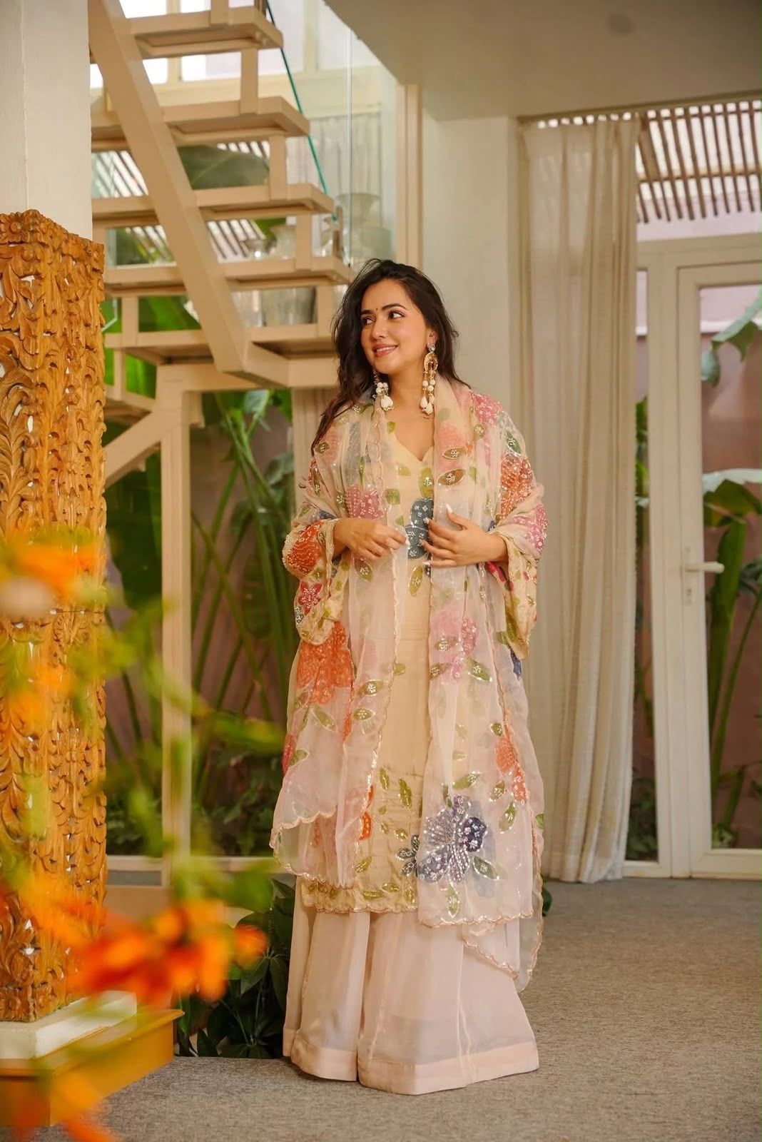 Shiny Off White Tabby Organza Embroider Work Salwar Suit