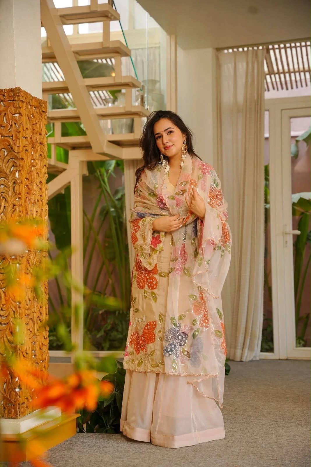 Shiny Off White Tabby Organza Embroider Work Salwar Suit