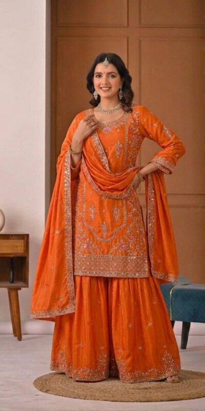 Shiny Orange Natural Crepe Silk Embroidery Work Salwar Suit