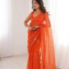 Shiny Orange Soft Net Sequins Work Saree