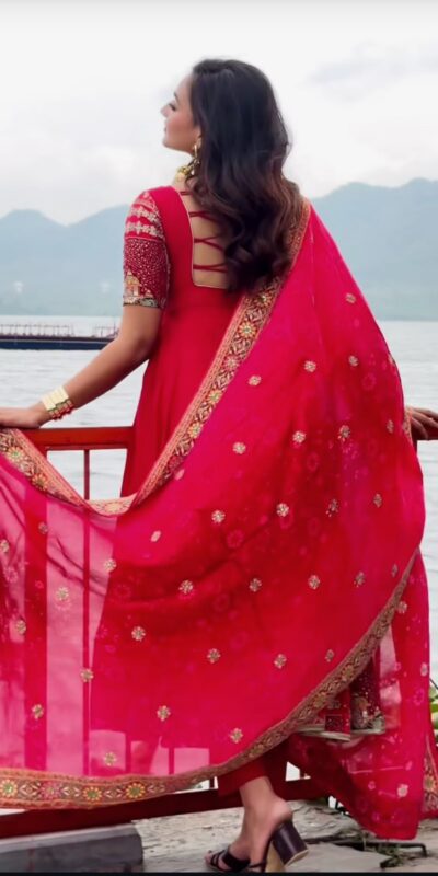 Shiny Pink Natural Crepe Sequence Work Anarkali Suit