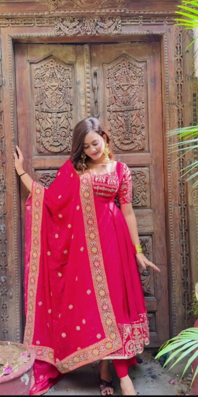 Shiny Pink Natural Crepe Sequence Work Anarkali Suit