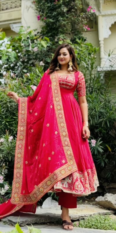 Shiny Pink Natural Crepe Sequence Work Anarkali Suit