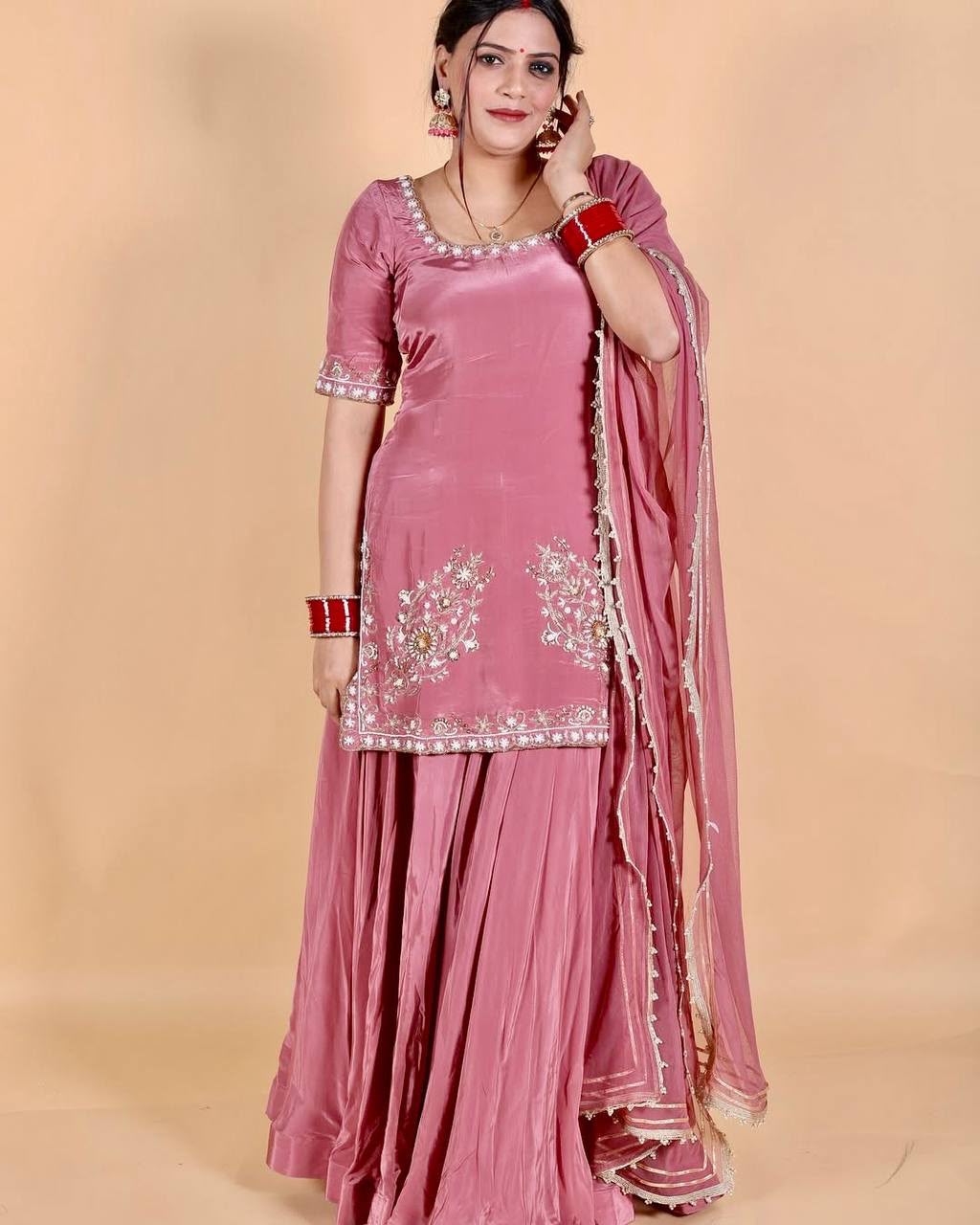 Shiny Pink Natural Crepe Silk Embroider Work Salwar Suit