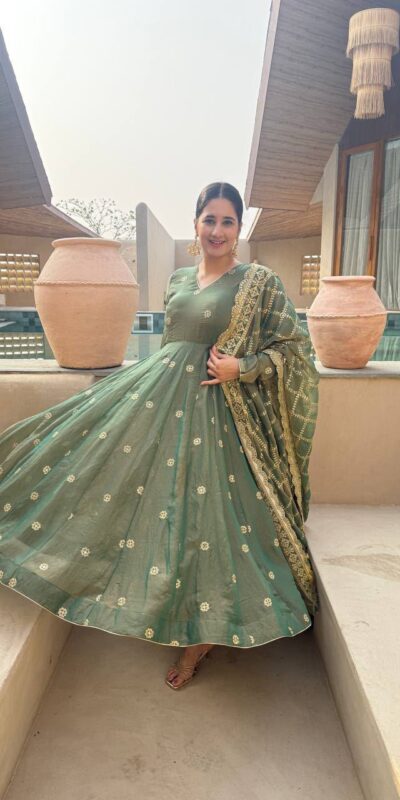Shiny Pista Moss Fendy Embroidery Work Anarkali Suit