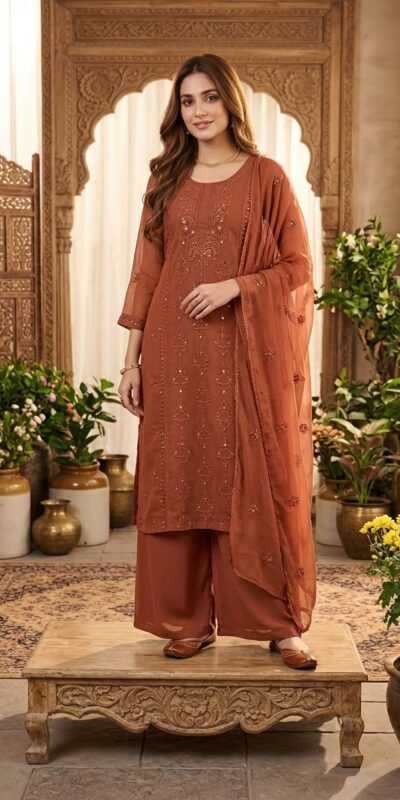 Shiny Rust Faux Georgette Embroidery Work Salwar Suit